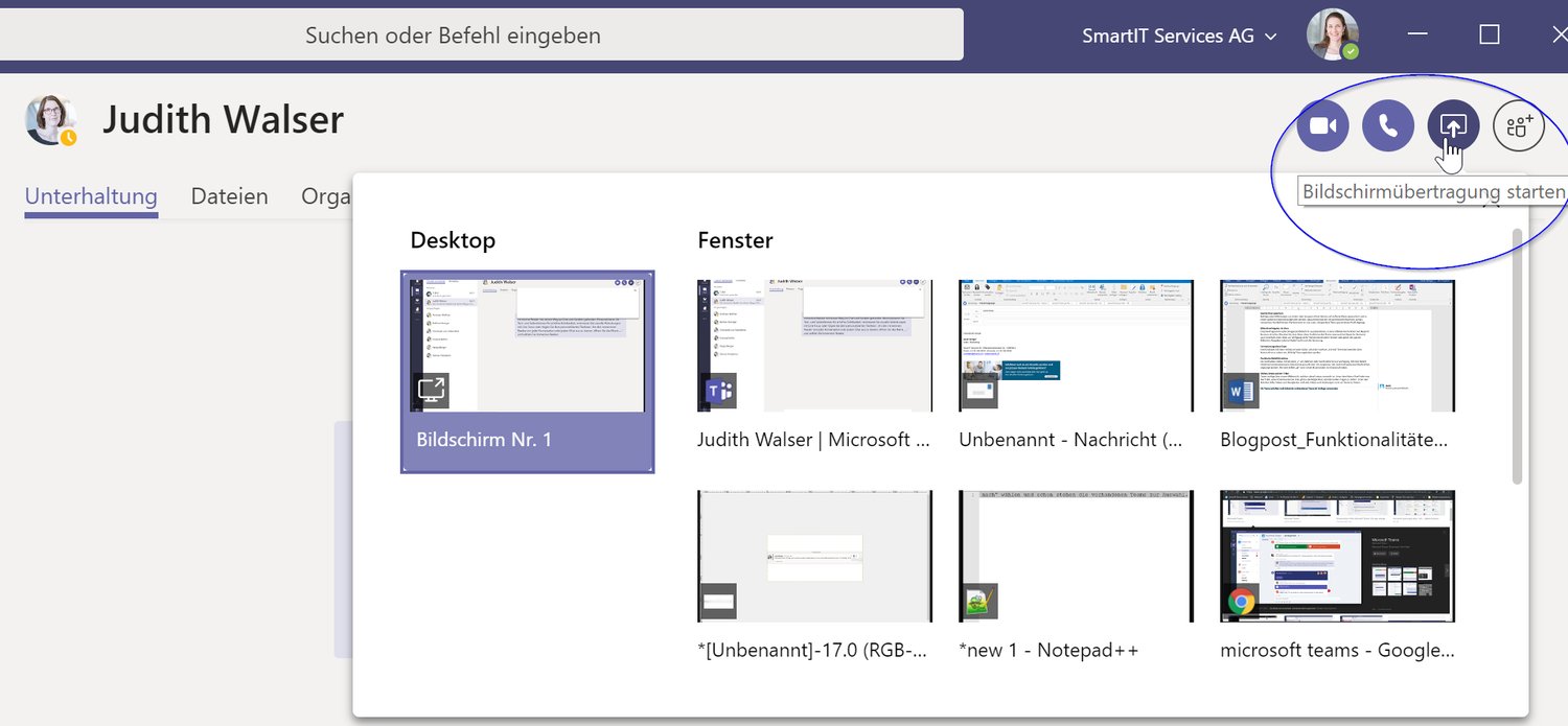 Screenshot zeigt Ausschnitt aus Teams Chat mit dem Maus Cursor auf 