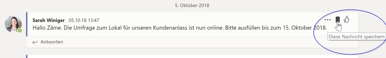 Screenshot zeigt über welches Symbol man in Teams eine Nachricht speichert