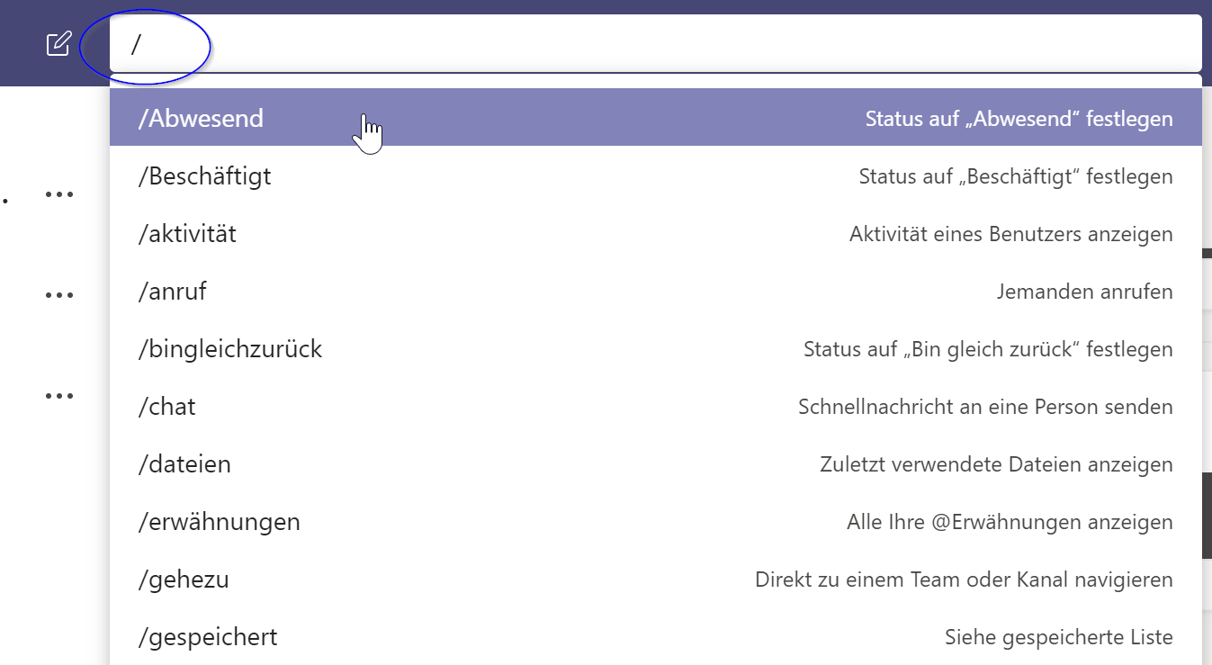 Screenshot einen Dropdowns mit Kurzbefehlen