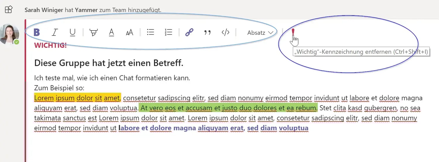Screenshot Microsoft Teams Chat formatieren