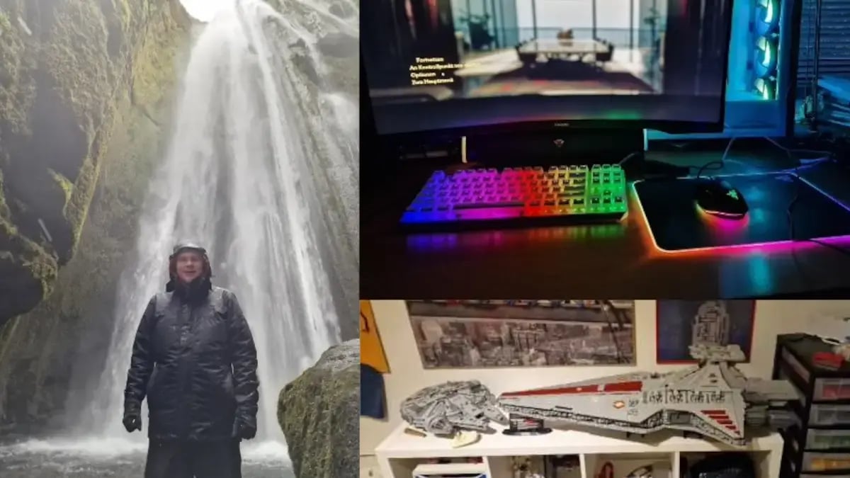 Foto von Informatiker EFZ Plattformentwicklung Janis vor einem Wasserfall links, rechts sein provater Gaming PC und Raumschiff Starwars