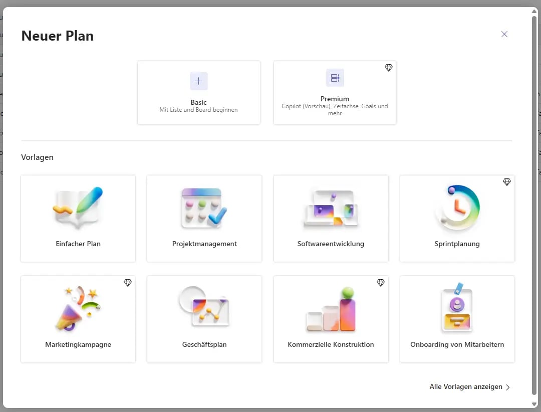 Screenshot manuelle Verwaltung von Plänen in Microsoft Planner